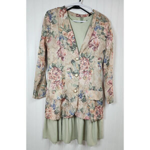 Vintage Womens 10P Dress & Blazer Floral Pistachio Drop Waist Kwai Church Office